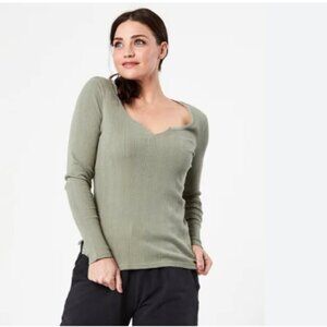 Pact Ribbed V Neck Organic Cotton Top Olive Army Green